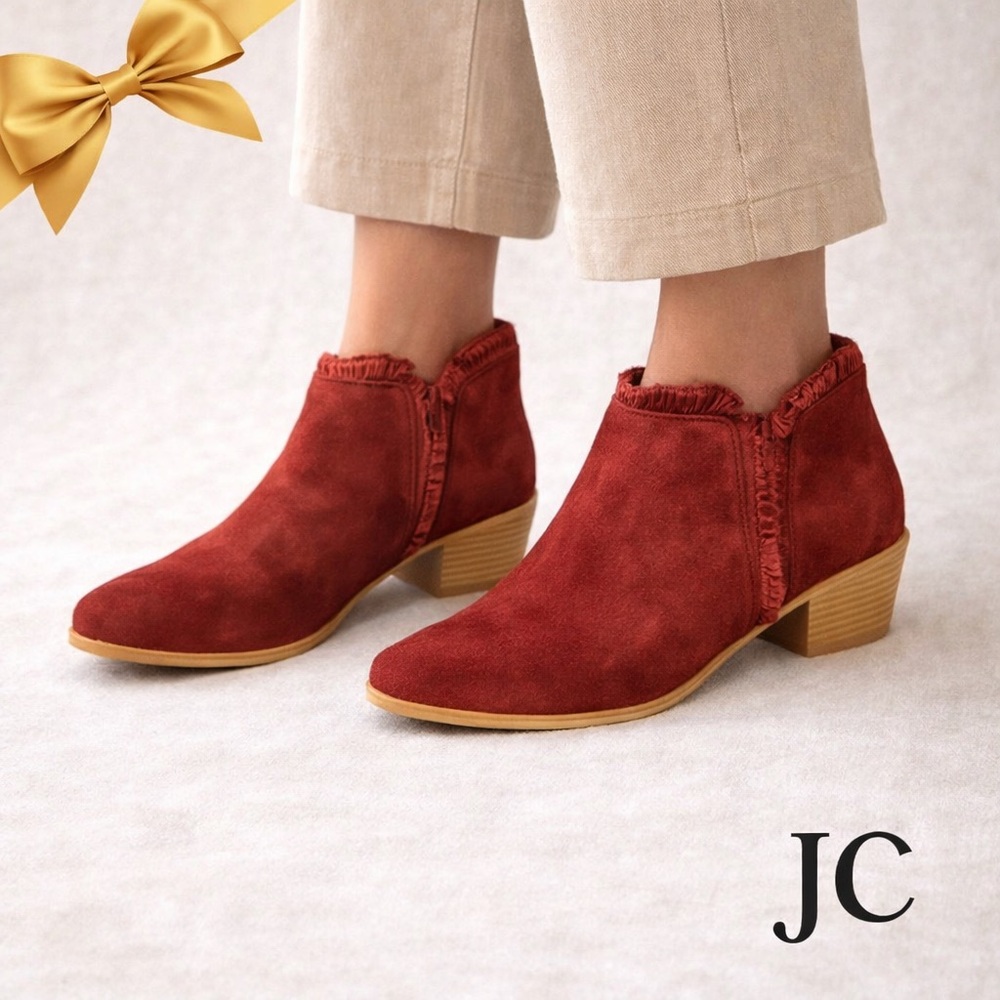 JC Burgundy Plush Ankle Fringe Booties Size 8